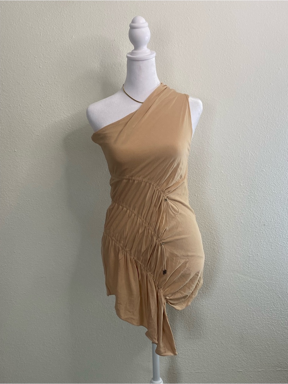 Alexander Wang Mini Beige Ruched Dress 0 Asymmetric One-Shoulder Minimal Luxury